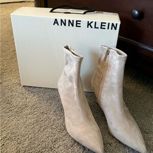 Anne Klein Taupe Suede Pointed-Toe Ankle Booties